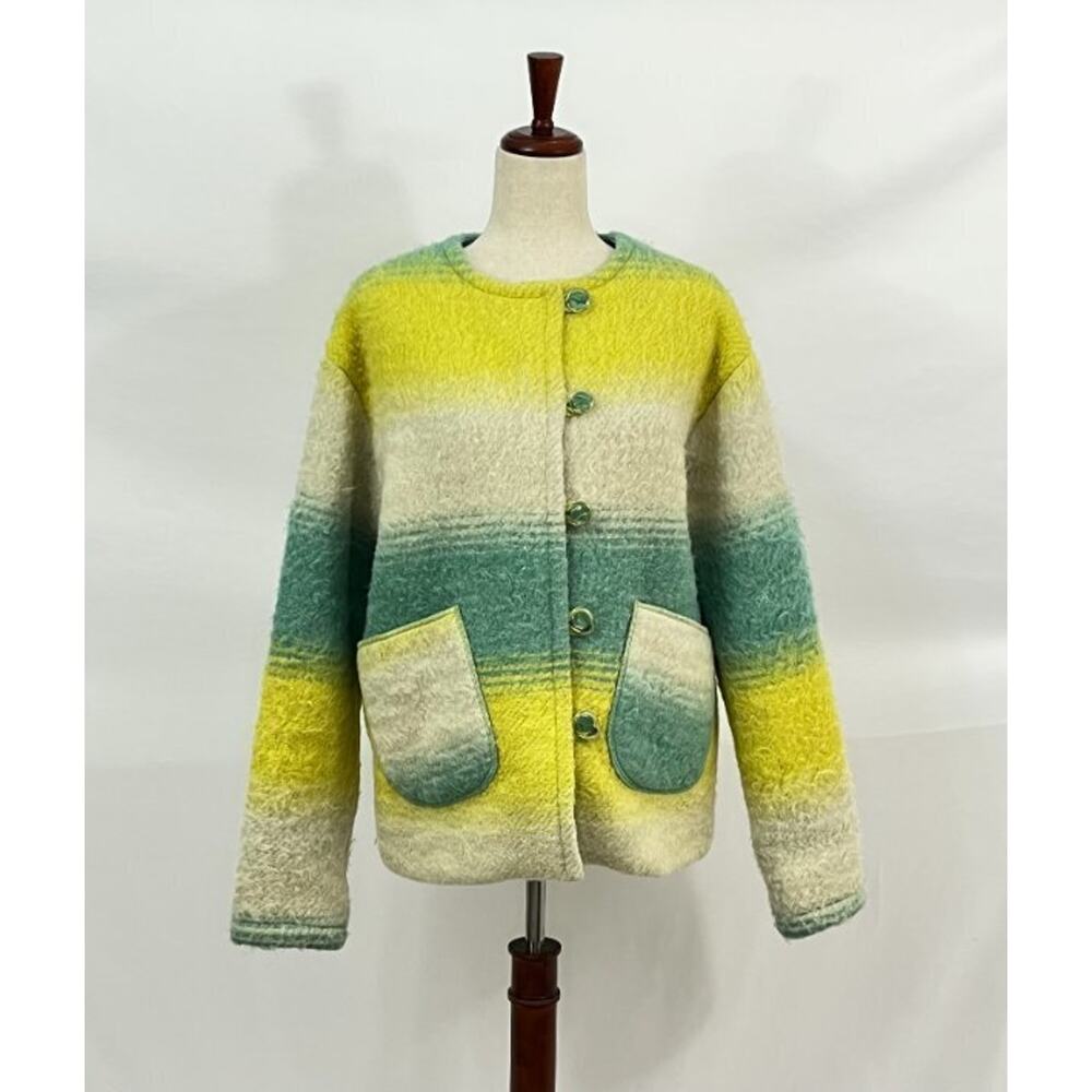 MASHA MARIA Sz S Small Upcycled Wool Coat Jacket Teal Yellow